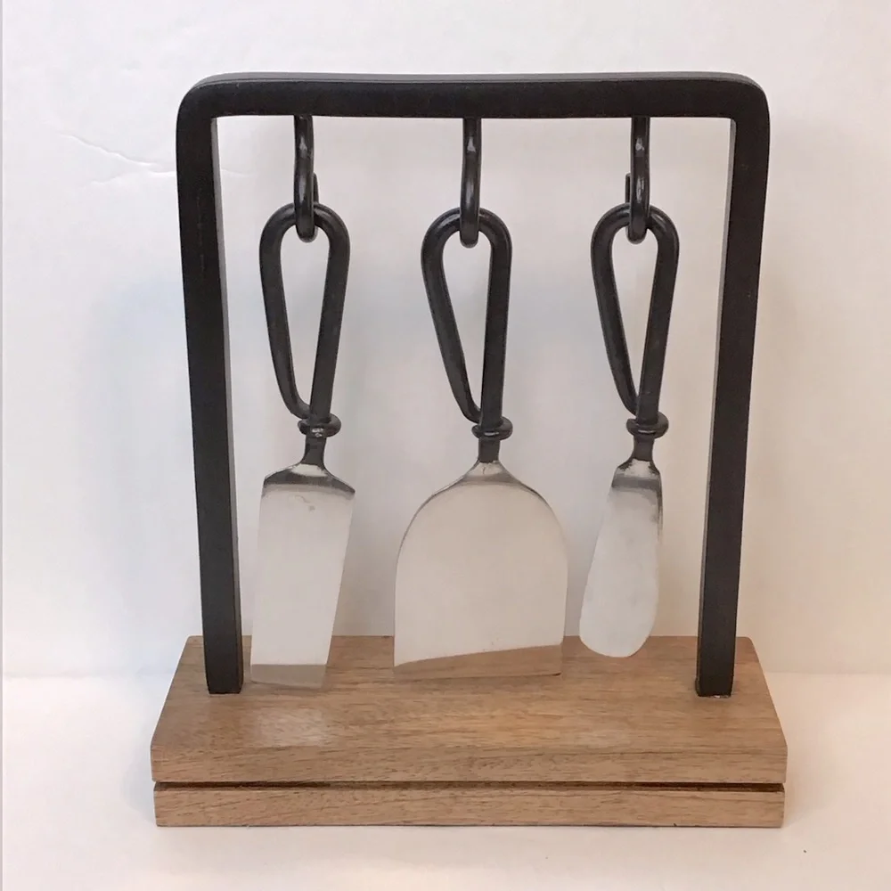 POTTERY BARN Charcuterie Cheese Board Knife Wood Wrought Iron Stand 4 Piece Set